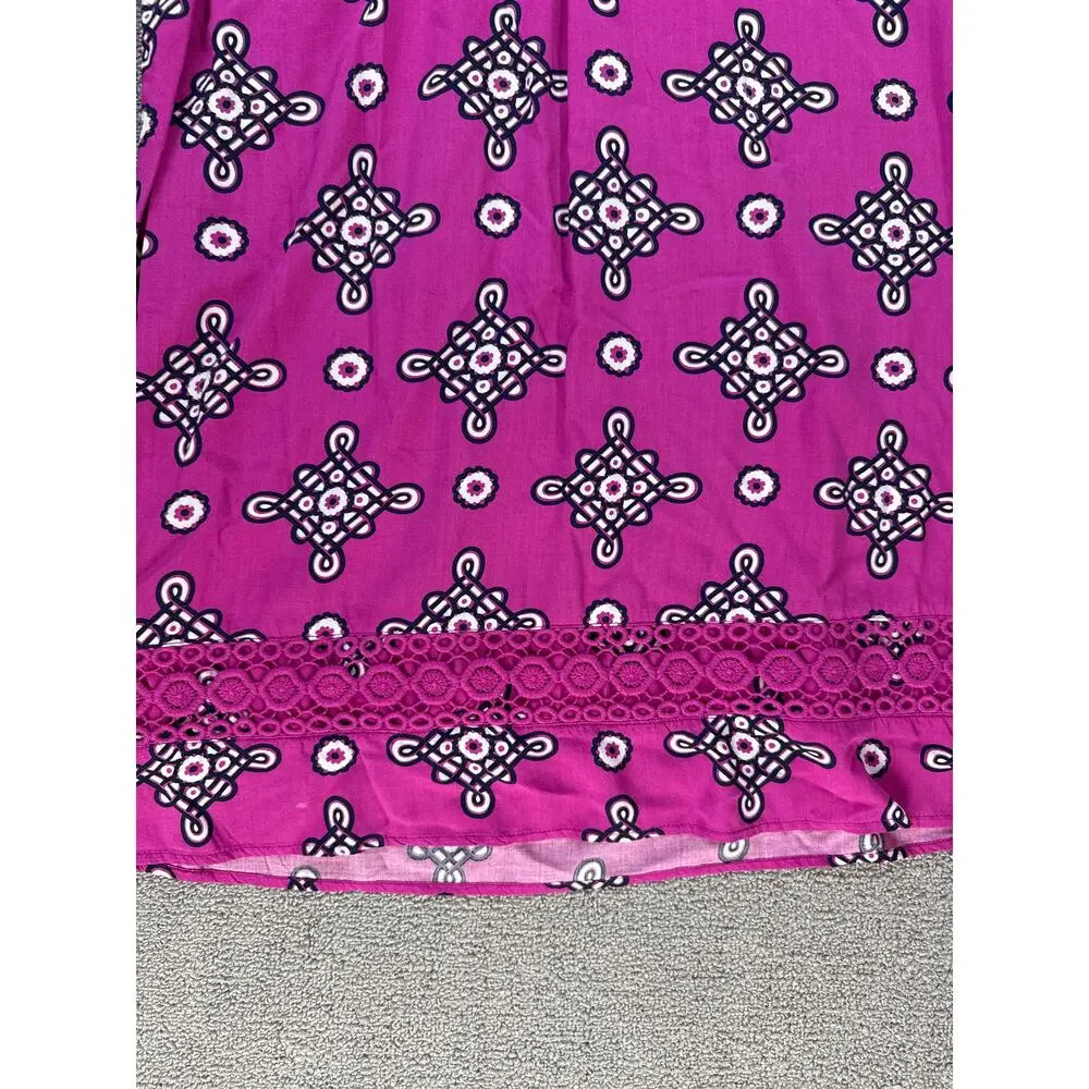 Crown & Ivy Dress Bell‎ Sleeve Crochet Magenta Navy Geometric Print Size Small